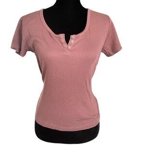 Guess Jeans Women T-Shirt Denise Ribbed Snap Henley size XL casual neutral brown